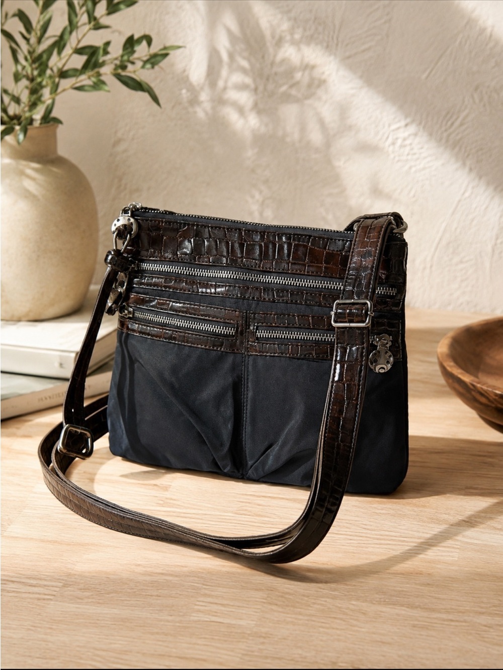 Brighton Black and Brown Nylon and Leather crossbody Bag